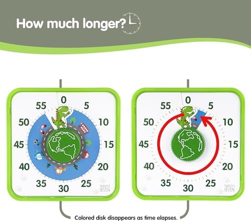 TWENTY5 SEVEN Countdown Timer 7.5 inch, 60 Minute 1 Hour Visual Timer for Classroom Teaching Tool Office Meeting, Mechanical Countdown Clock for Kids Exam Time Management Magnetic, Green Dinosaur