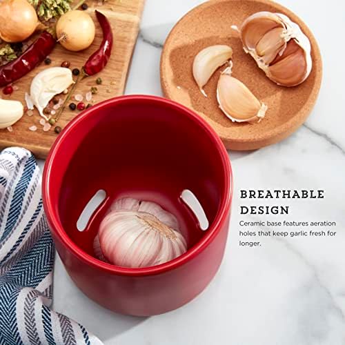 Kamenstein Ceramic and Cork Breathable Garlic Keeper to Allow Air Flor for Freshness, Stackable Space Saving Cork Lid, Natural Cork and Red Ceramic