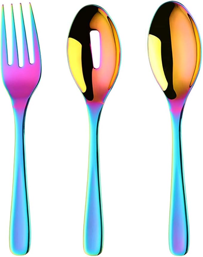 Long Handle Serving Set, 10 inch Stainless Steel Polished Serving Spoon, Fork, Slotted Spoons, Set of 3 (Rainbow)
