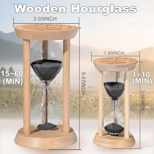 10 Minute Wooden Sand Timers, Bamboo Black Sand Hourglass for Productivity, Meditation & Decor, 10 Min Reloj De Arena for Kitchen, Office, Yoga, Game, Classroom