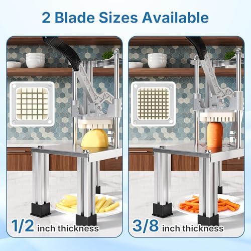Commercial French Fry Cutter with 1/2 Inch and 3/8 Inch Blades, Heavy Duty Potato Slicer, Stainless Steel Potatoes Cutter for Restaurant & Home Kitchen