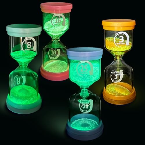 PROLOSO Sand Timers Set 4 Pcs Colorful Hourglass 3 Mins / 8 Mins / 16 Mins / 25 Mins Sandglass Glow in the Dark Sand Clock for Classroom Home Office