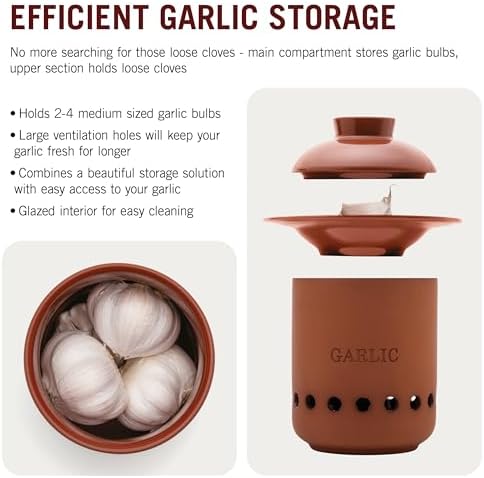 Monkey Business – Garlic Keeper – Terracotta Garlic Storage Container with Separate Ventilated Compartments for Whole Bulbs & Loose Cloves – Garlic Holder That Keeps Garlic Fresh & Kitchen Organized