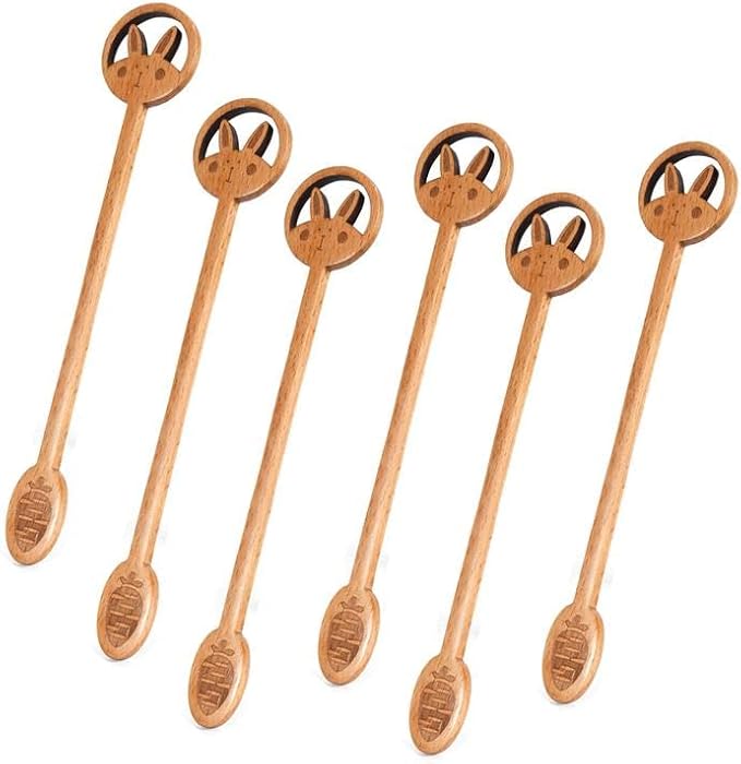 6 Pack Wooden Iced Tea Spoons Small Stirring Spoon Long Handle Wood Coffee Mixing Spoons Tea Spoon Beverage Stirrer (Rabbit Design)