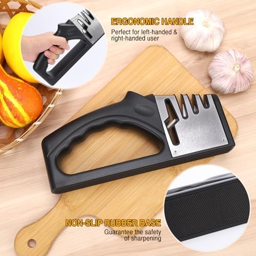 4-in-1Manual Knife Sharpener Suitable for kitchen knives, fruit knives, steel knives, scissors, and 3-level precision sharpening.Non slip base, suitable for home use (black) (1)