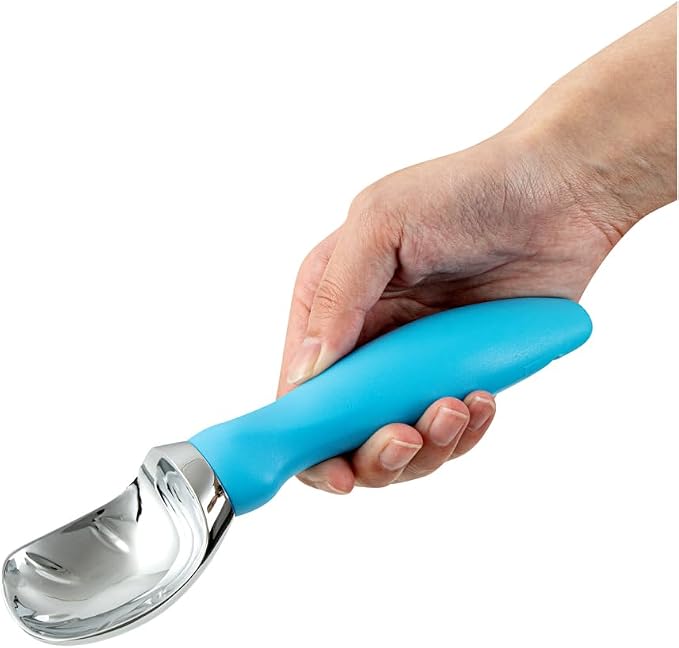 Restaurantware Comfy Grip 7.9 x 2 Inch Kitchen Ice Cream Scoop 1 Heavy-Duty Ice Cream Disher - Ergonomic PP Handle Dishwashable Blue Metal Ice Cream Spade With Lid Opener Notch Multi-Use