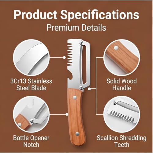 2026 Upgrade 2-in-1 & 3-in-1 Vegetable Peeler Set with Wooden Handle, Built-in Scallion Shredder & Bottle Opener, Multi-Functional Fruit & Veggie Peeler for Home Cooking