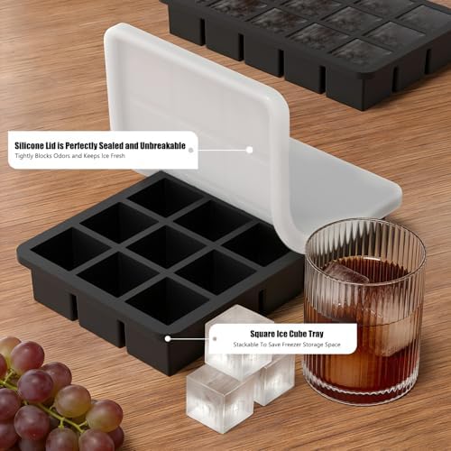 1.3" Small Square Silicone Ice Cube Tray for Freezer, 15 Cavity Big Old Fashioned Ice Cube Mold for Whiskey,Craft Ice Cube Molds with Lid for Chilled Drinks, Cocktails, Whiskey,Bourbon-2 Pack