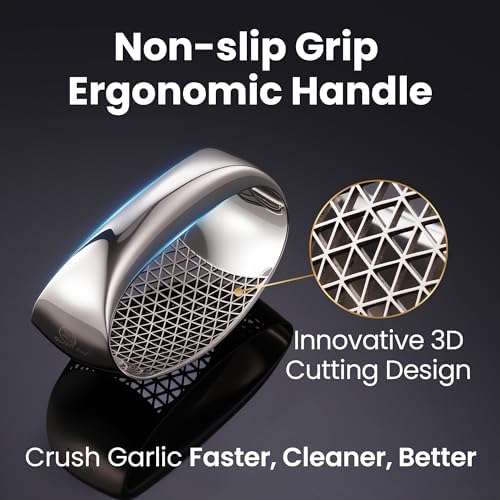 Gourmet Easy Stainless Steel Garlic Press Rocker with Eject Base & Scraper