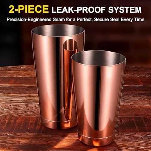 Boston Shaker Set, 18oz & 28oz 2-Piece Tins, Professional 304 Stainless Steel Cocktail Shaker with Leak-Proof Weighted Base for Bartending, Home & Bar Use (RoseGold)