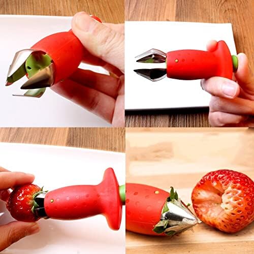 Slowtee 3pcs Strawberry Slicer/Cutter/Corer, Strawberry Huller Fruit Leaf Stem Remover Salad Cake Tools for Kitchen Gadget Accessories, 2 Leaf Stem Removers, 1 Cutter