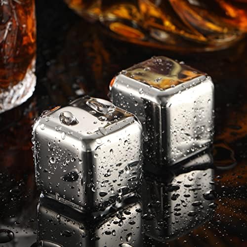 4 Large Whiskey Stones 64 cm³ (4 cu in) - Man Gift Set - Reusable Stainless Steel Metal Ice Sphere Cubes Beverage Chilling Rocks Whiskey Stones for Red Wine, Bar Beer, Scotch, Vodka Drinks