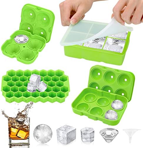 Ice Cube Tray,Silicone Ice Cube Molds for Freezer with Lid (Set of 4) - Sphere Ice Ball, Large Square, Diamond Cut & Hexagonal Shapes Ice Maker for Whiskey,Reusable and BPA Free