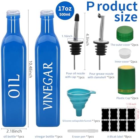 Olive Oil Dispenser Bottle,2 Pcs 17oz 500ml Glass O il and Vinegar Dispenser Set with 2 Stainless Steel Pourers, 8 Labels,Funnel Vinegar Bottles for Kitchen (Blue)