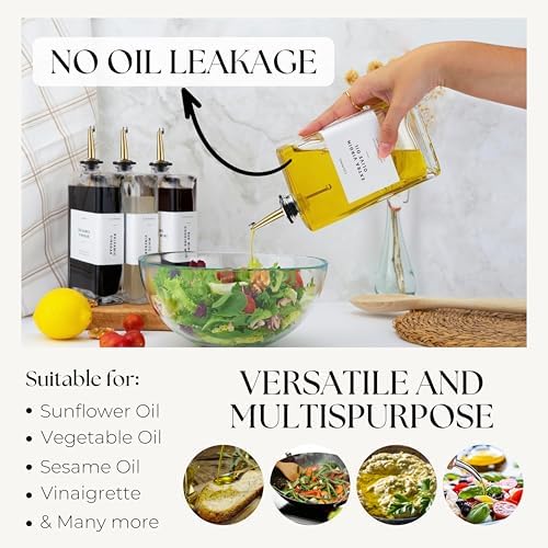 Olive Oil Dispenser Bottle - Refillable Glass Bottles for Kitchen - Syrup Container for Vinegar and Soy Sauce, Pack of 2