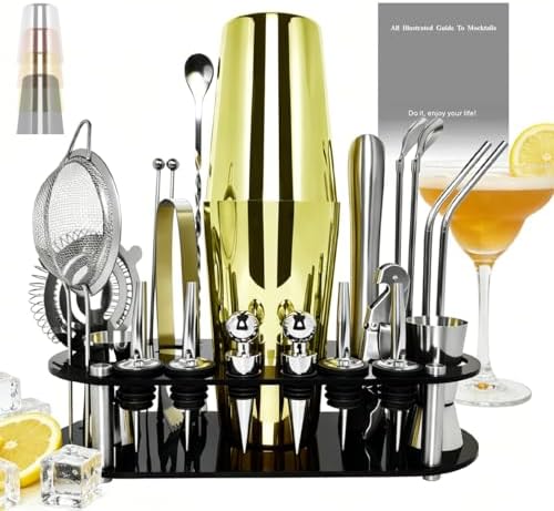 22-Piece Cocktail Shaker Set, 25/20oz Bartender Kit, Bartending Stainless Steel Bar Tools Sets for Drink Mixing, Boston Cocktail Shakers with Stand Recipes Booklet (Rose Copper-25-20oz)