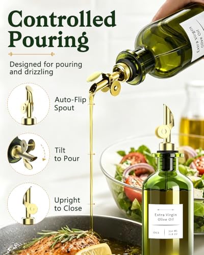 COOLMI Olive Oil Dispenser Set of 2, Dark Green Glass Bottles, 12 oz
