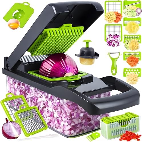 [16 in 1] Pro Vegetable Chopper, Onion Chopper, Cheese Slicer, Food Chopper, Salad Chopper, Slicer & Cheese Grater with 8 Blades, Kitchen Veggie Chopper including Container (Grey), 9*4, Gray