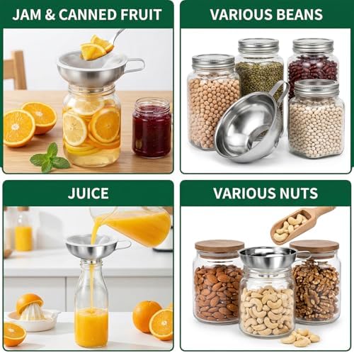 7-Piece Stainless Steel Canning Funnel Kit – Wide Mouth Mason Jar Funnels with 100/200 Mesh Strainers, Removable Filter Tip & Sponge Brushes