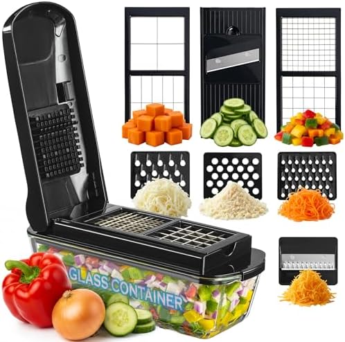 Le'raze 13-in-1 Vegetable Chopper Pro with Glass Container, Stainless Steel Blades, BPA-Free, Mandoline Slicer, Manual
