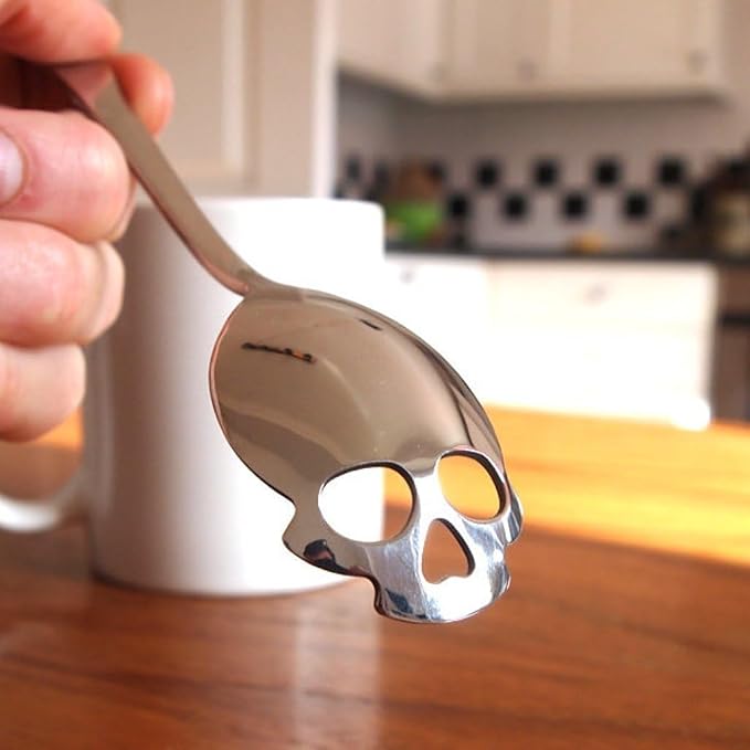 Suck UK Skull Teaspoon - Stainless Steel Sugar Spoon - Plastic-Free Kitchen Utensil & Coffee Accessory - Portion Control Mini Dessert Spoon & Novelty Skull Gift for Gothic Home Decor & Creepy Chefs