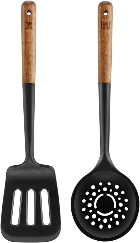 WAGENSTEIGER Set of 2pc Silicone Cooking Utensils: Wooden Handle Slotted Spatula + Cooking Skimmer, Heat Resistant Cooking Utensil, BPA Free, Safe Material for All Cooking Surfaces, Non-Slip Grip