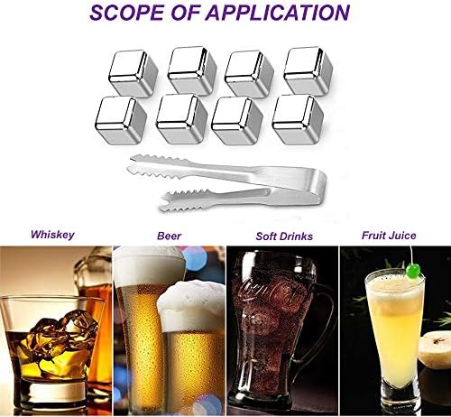 Reusable Stainless Steel Ice Stones for Whiskey and Drinks. Pack of 8 Pieces with Ice Tongs, Freezer Tray and Gift Box