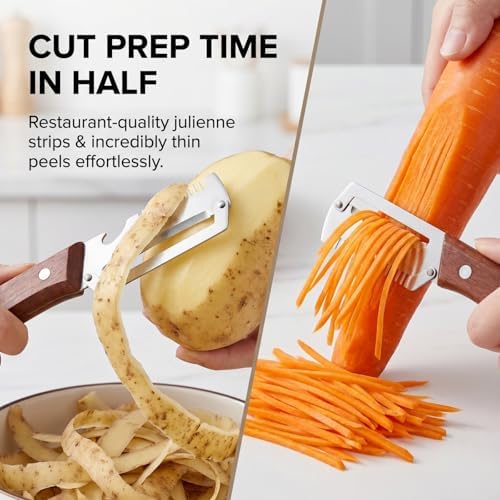 3-in-1 Scallion Shredder & Peeler, 2-in-1 Serrated Peeling Knife Premium Vegetable Peeler with Wooden Handle & Built-In Bottle Opener, Multi-purpose Peeler and Julienne Shredder Set