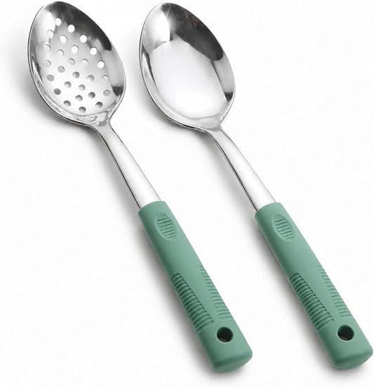 Serving Spoon Set with Silicone Handles,2-Piece spoon | Stainless Steel Serving Spoon, Slotted Spoon & Soup Ladle Set for Buffet and Home Kitchen