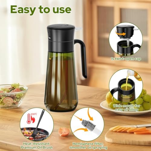 2-in-1 Oil Spray Bottle with Basting Brush, 580ml Light-Proof Glass Olive Oil Dispenser to Preserve Freshness, Ideal for Salad, Baking, Grilling, and Air Frying