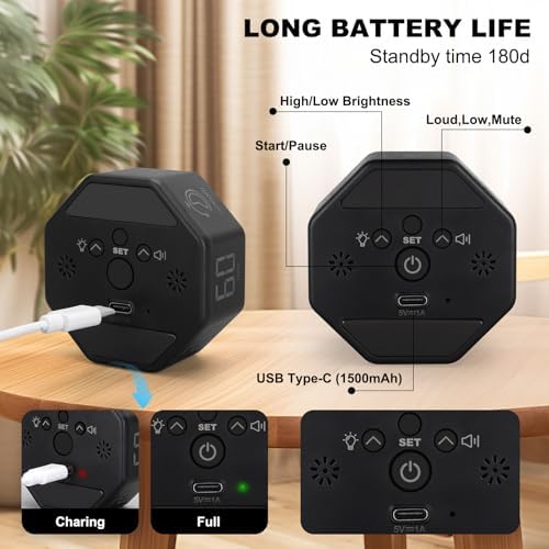 Small Productivity Timer, Pomodoro Timer with 5 Presets (Black)