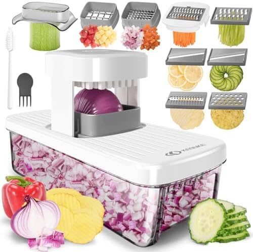 KEOUKE 8-in-1 Vertical Vegetable Chopper Mandoline Slicer with Container White - Safe Tap Out Dicer with Hand Guard for Kitchen Easy Food Prep, Onion Potato Veggie Fruit