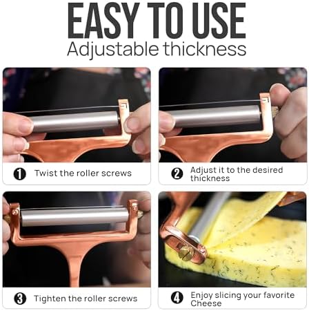 Zulay Adjustable Cheese Slicer - Wire Slicer for Mozzarella, Cheddar, Gouda - Heavy Duty With 2 Extra Wires (Rose Gold)