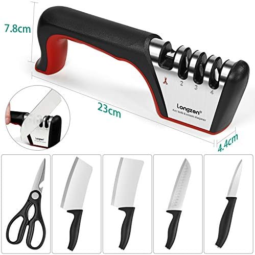 Longzon 5-in-1 Knife Sharpener 4 Stage with Cut-Resistant Glove, Black+Red