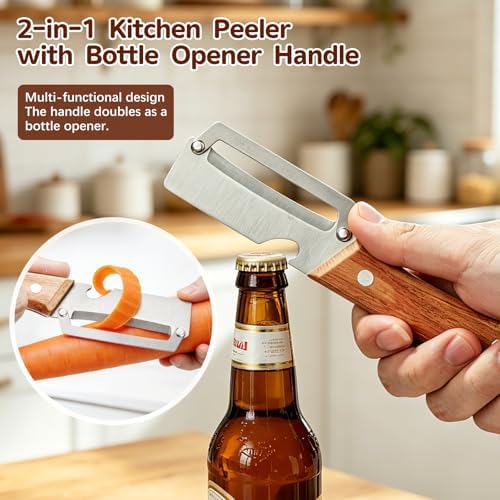 2-Pack Right-Hand Vegetable Peeler with Bottle Opener, Thickened Stainless Steel Wide Blade for Smooth Peeling, Wooden Handle Kitchen Peeler for Fruits & Vegetables