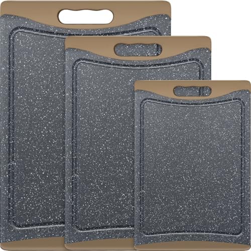 Extra Large Cutting Boards, Plastic Cutting Boards for Kitchen (Set of 3) Cutting Board Set Dishwasher Chopping Board with Juice Grooves Easy-Grip Handles, Brown, Empune