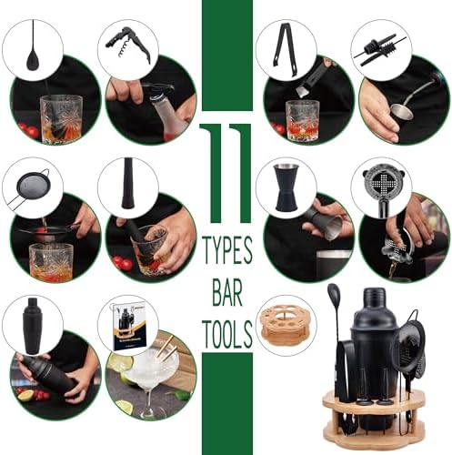 Cocktail Shaker Set Bartender Kit with Rotatble Bamboo Stand,11 Piece Bar Set Stainless Steel Bar Accessories for Drink Mixing, Bar, Home, Party (Frosted Black)