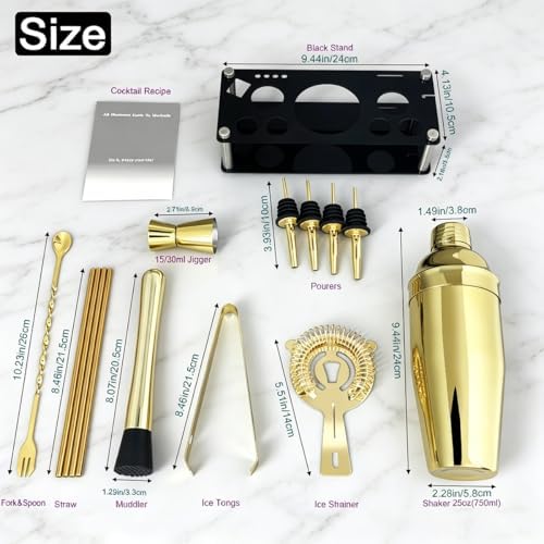 14-Piece Cocktail Shaker Set with Stand, Bartender Kit, 25oz Shakers, Bar Set Cocktail Shaker Set, Jigger for Bartending Kit, Drink Mixer Set, Cocktail Set Recipes Booklet Home, Bar, Party (Gold)