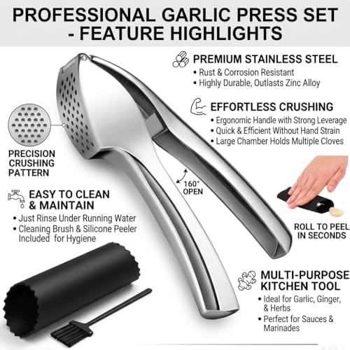 TAHINO Garlic Press Crusher & Mincer – Heavy Duty Zinc Alloy Garlic Press, Ergonomic Easy Squeeze Handheld Garlic Crusher Tool, Rust Resistant Kitchen Garlic Mincer