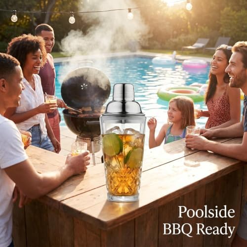 15oz Cut Crystal Cocktail Shaker,Lead-Free,#304 Stainless Steel,Dishwasher Safe,Set of Dasher&4pcs Cocktail Recipe Coasters, Fit Coffee Table Decor, Wedding Favors,any Bar Cabinet(Leaking Proof)
