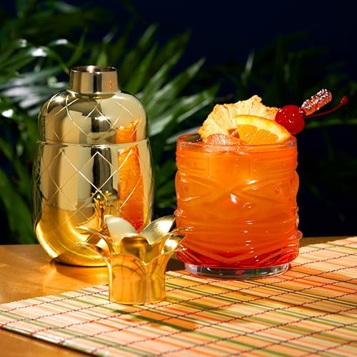 Viski Pacific Pineapple Cocktail Shaker – Tropical Themed Cocktail Shaker for Tiki Drinks – Stainless Steel with Gold Finish, 3-Piece Shaker with Built-In Strainer and Pineapple Leaf Cap - Set of 1