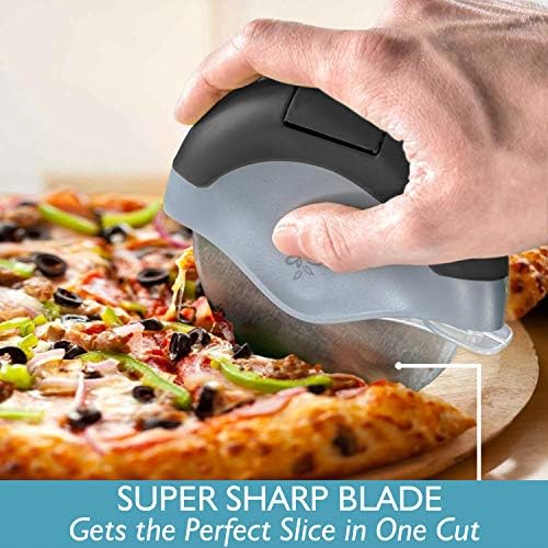 Black Pizza Cutter Wheel with Protective Blade Cover, improved, Super Sharp, Easy To Use and Clean, Slicer, Ergonomic Rubberized Grip, heavy dutty, Stainless Steel, Dishwater Safe