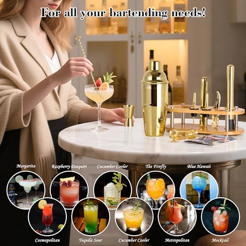 Wukuna Cocktail Shaker Bartender Kit, 11 Pcs Bar Tool Set with Bamboo Stand