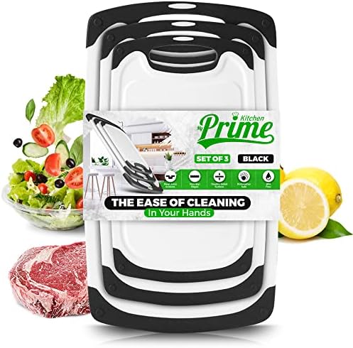 Plastic Cutting Boards for Kitchen, with Grips – Set of 3 Dishwasher-Safe, Non Slip Cutting Board with Juice Groove – Thick, Durable Cutting Boards for Meat and Vegetables by My Prime Kitchen, Black