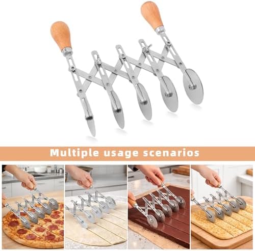 5-Wheel Pastry Cutter, Stainless Steel Dough Divider with Wooden Handle Adjustable Heavy Duty Pastry Wheel Multi-Use Kitchen Utensil for Pizza Pies Pasta Waffles Dough Brownies Lattice