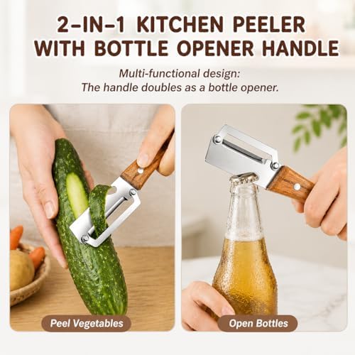 2-Pack Right-Hand Vegetable Peeler with Bottle Opener, Thickened Stainless Steel Wide Blade for Smooth Peeling, Wooden Handle Kitchen Peeler for Fruits & Vegetables