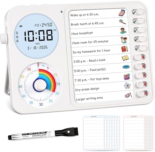 3-in-1 Visual Timer & ADHD Tool for Kids – ADHD Task Timer for Adults with Visual Schedule, Chore Chart & Planning Board for Home, School, Classroom, Work (White)