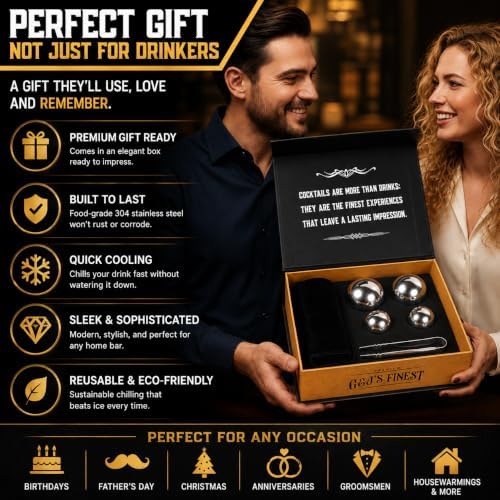 G&J's Finest Premium 4-Piece Stainless Steel Whiskey Chilling Ball Gift Set – 2 X-Large & 2 Large size Balls with Freezer Pouches and Tongs in Luxury Gift Box for Bourbon|Scotch|Whiskey(Not-Solid)