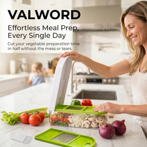 Vegetable Chopper - Manual Veggie Dicer and Food Cutter with 2 Stainless Steel Blades, 2-Cup Storage Container, Cleaning Tool - Onion Slicer, Fruit Salad Maker, Dishwasher Safe