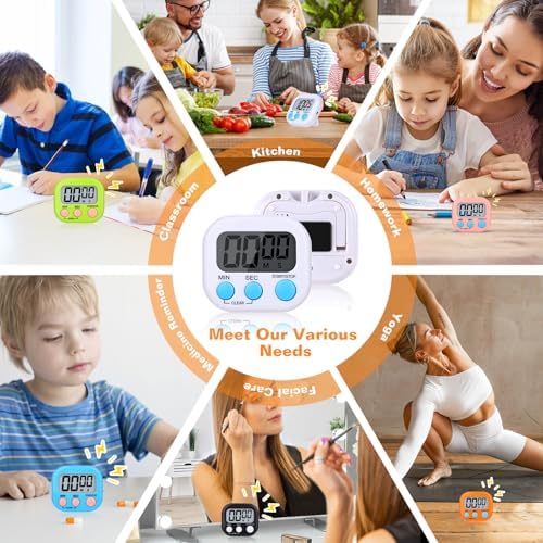12 Pack Digital Kitchen Timers, Magnetic Countdown Timer with Loud Alarm